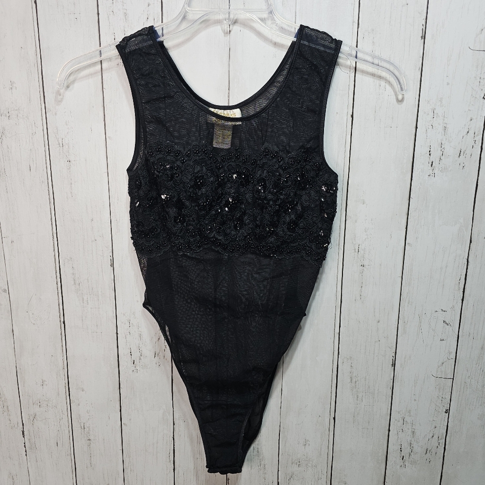 Vintage Victoria's Secret Sheer Bodysuit Size Small Black Sequin Gold Label 80's
